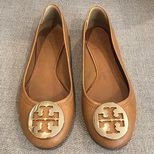 Authentic Tory Burch Reva Ballet Flats - Royal Tan with Gold Hardware